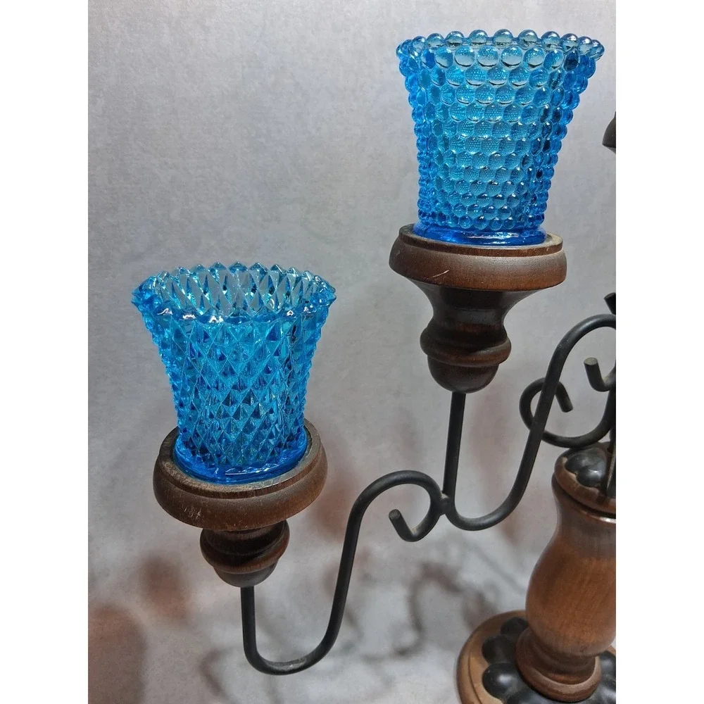 VTG Homco 5 Arm Metal Wood Candelabra With Teal Glass Votive Cups